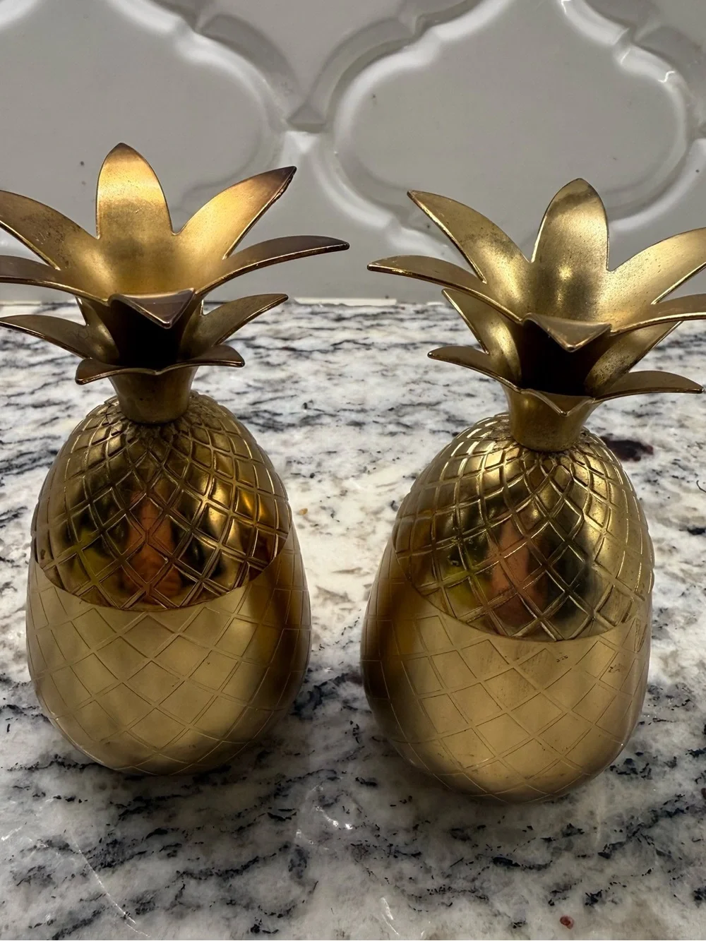 Vintage Solid Brass Pineapple Lidded Containers Set of 2 Trinket Boxes MCM